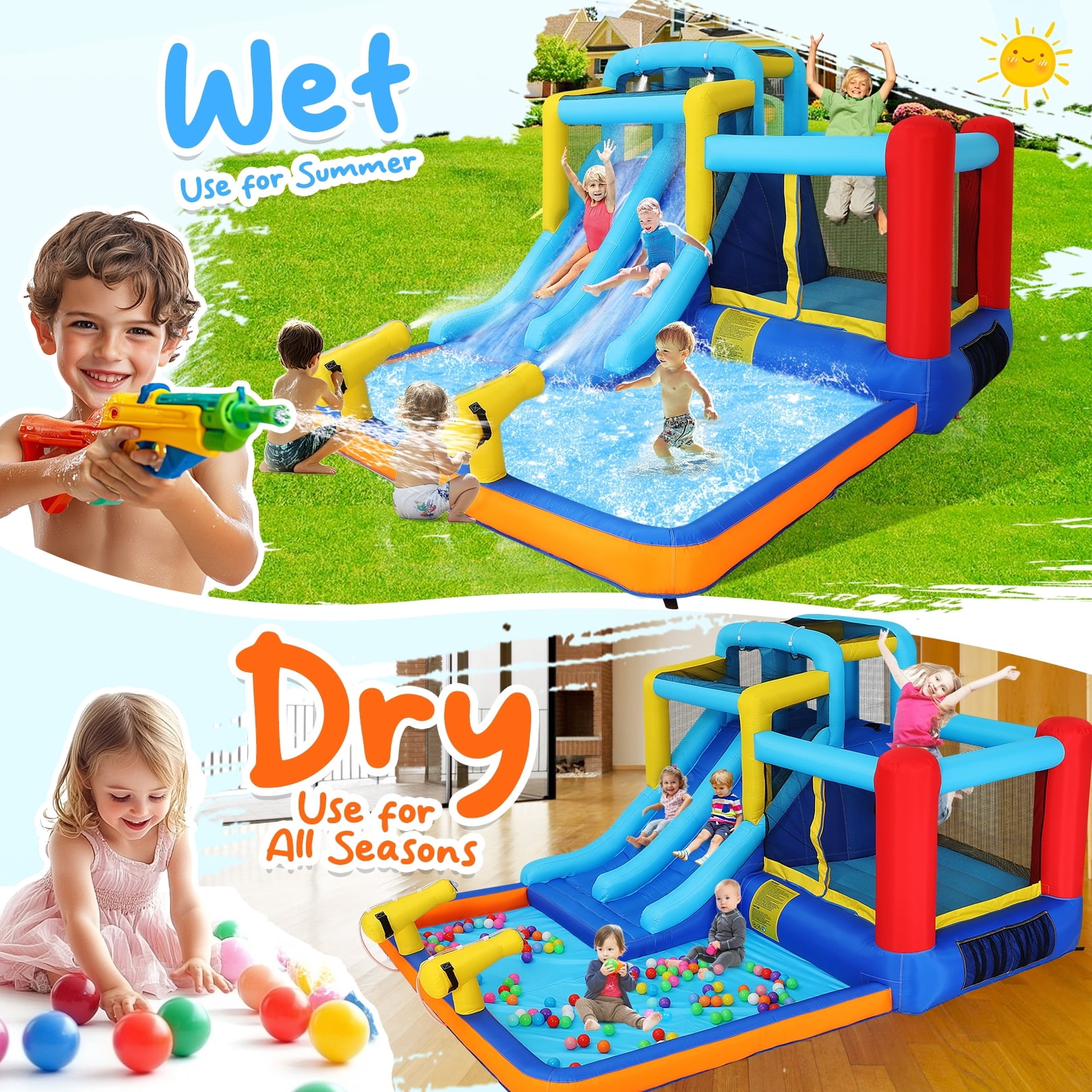 Sailvan Inflatable Bounce House for Kids with Large Splashing Pool, 146 x 132 x 82 inch Indoor/Outdoor Bouncy Bouncing Area, Included 2 Water Slides Climbing Wall Blower