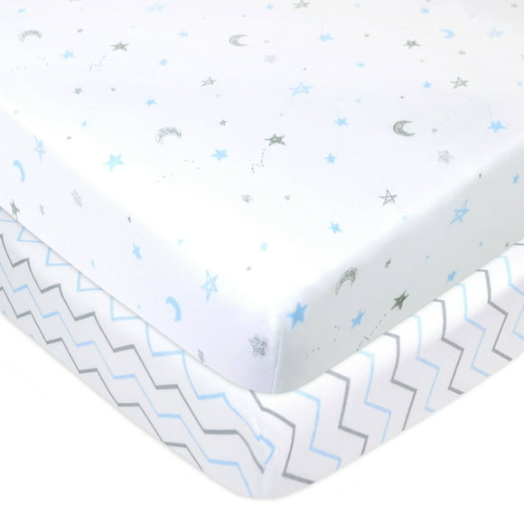 TL Care 2 Pack Printed 100% Natural Cotton Jersey Knit Fitted Pack N Play Playard Sheet, Blue Stars/Zigzag, Soft Breathable