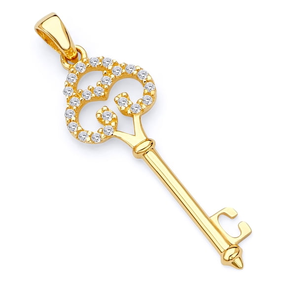 14k Genuine Yellow Gold Key CZ Charm Pendant