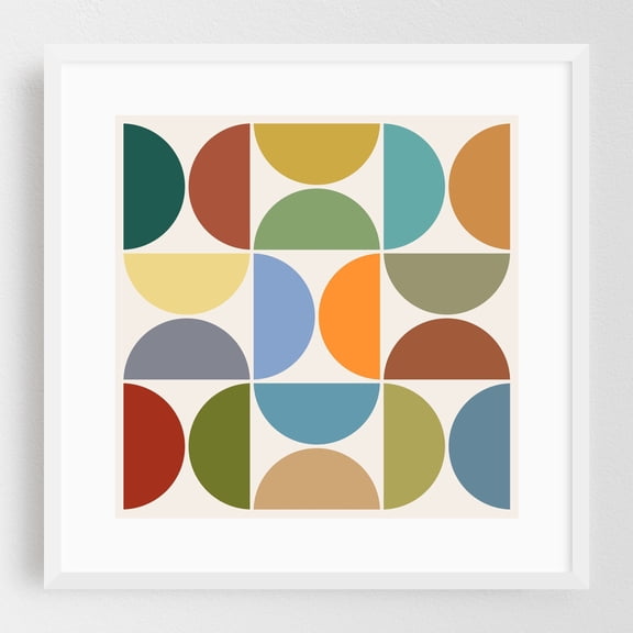MCM Semicircle Color on Cream Square - Digital Art Geometric Mid-Century Modern Abstract Pattern Minimalist Modern Art White Framed Wall Art Print 8 x 8 inches