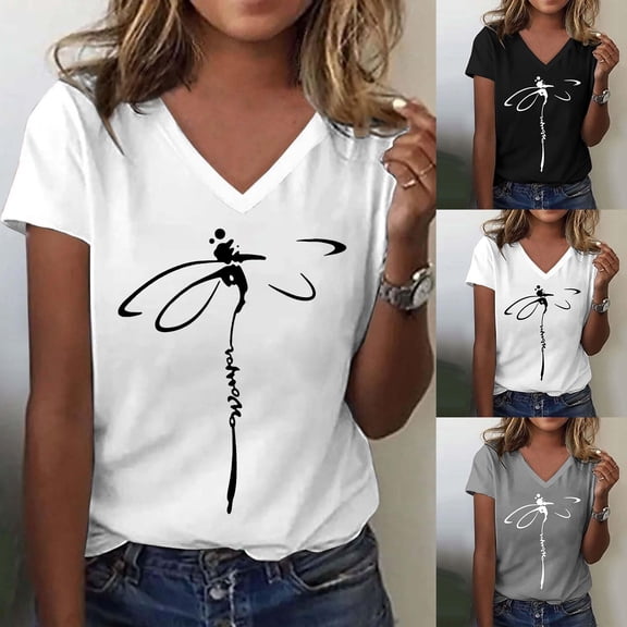 HCYSFG Womens Dragonfly Graphic Print V Neck Summer Tops Casual Classic Short Sleeve T Shirt Loose Fit Pullover Style Comfortable Daily Clothes