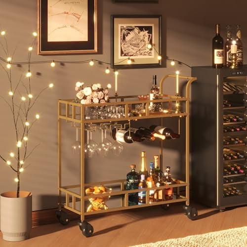 Bar Cart, Serving Cart for Home, Microwave Cart, Drink Cart, Mobile Kitchen Shelf with Wine Rack and Glass Holder, Rolling Beverage Cart