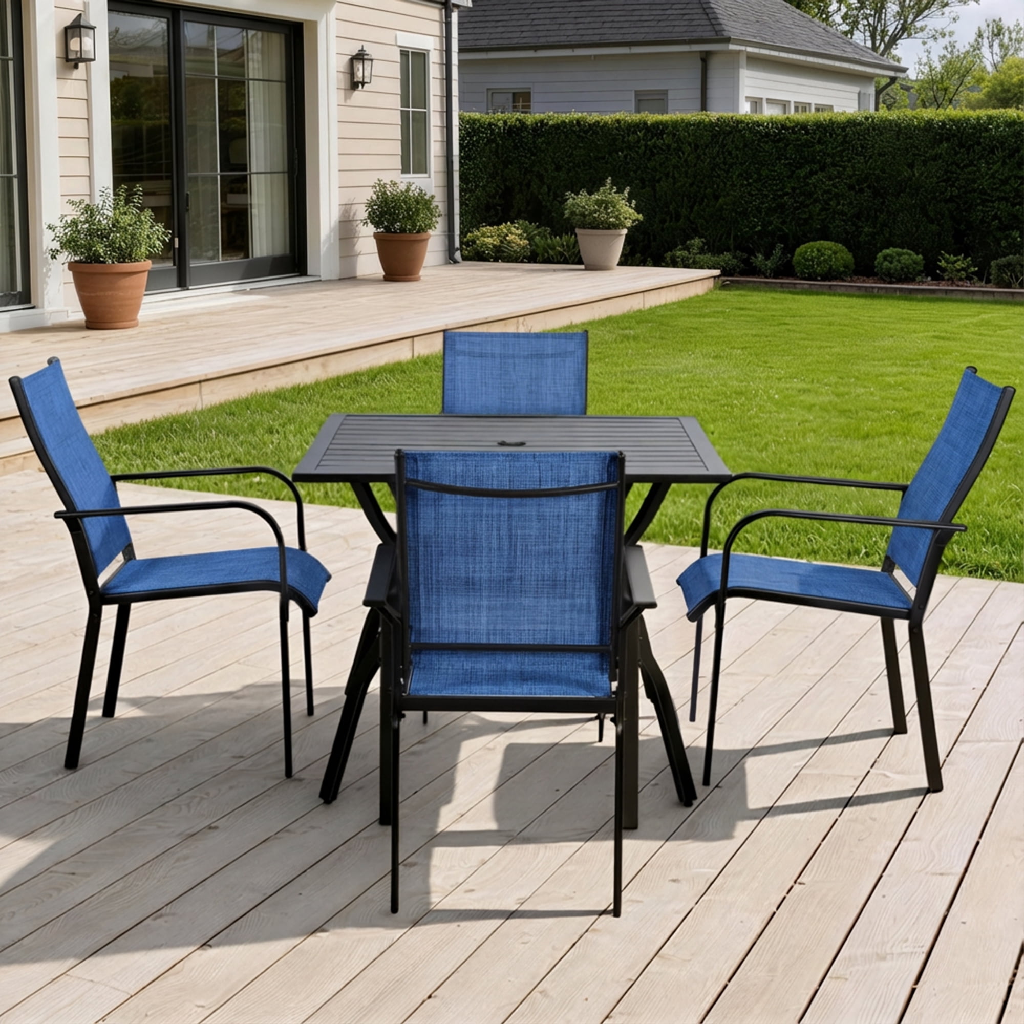DELMANGO Patio Chairs Set of 4, Outdoor Dining Chairs High Back, All-Weather Padded Textilene DiningChair for Lawn Porch Garden, Blue