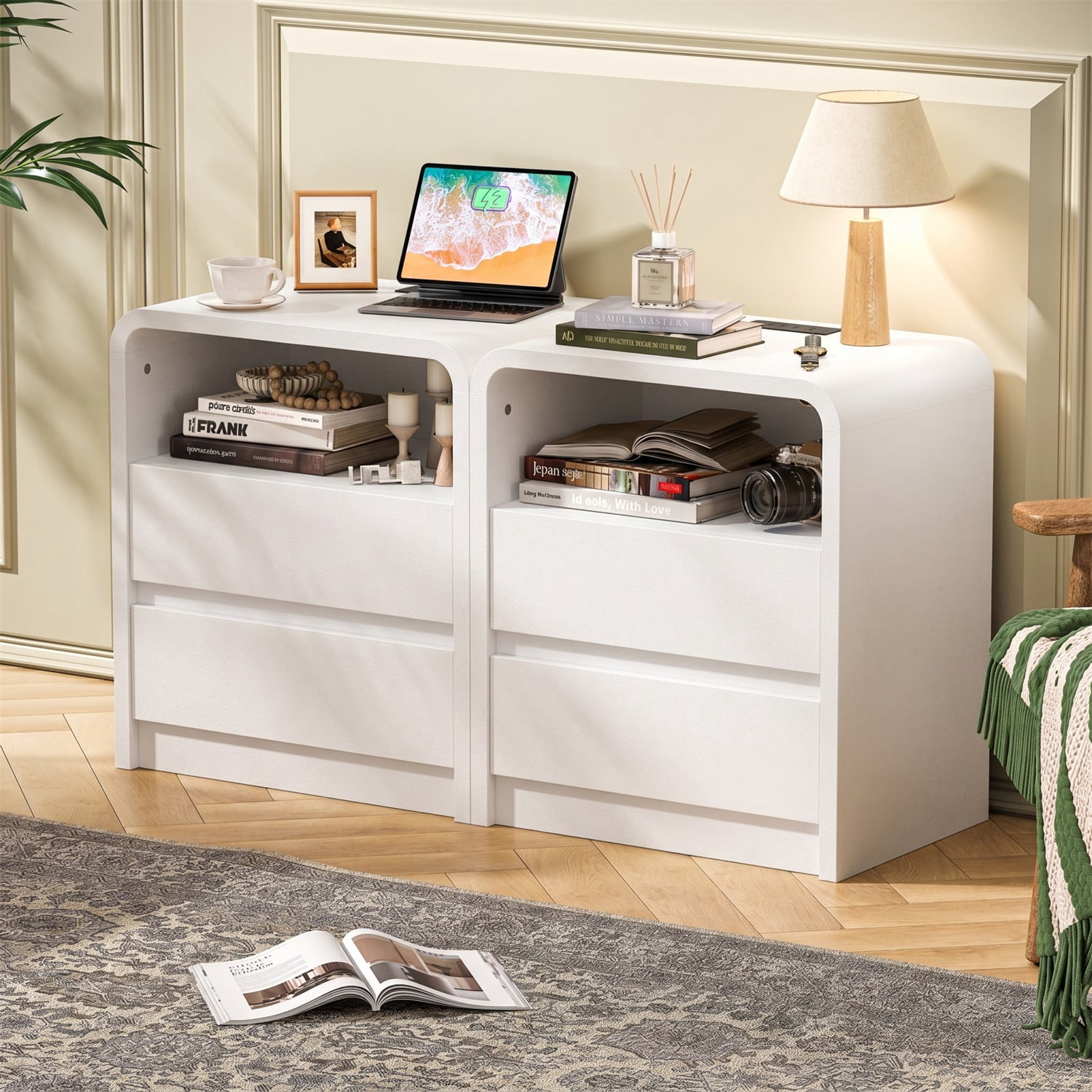 Hommoo Modern Mid-Century Nightstand with Built-in Charging Station, 25" Tall Bedside Table with 2 Soft-Close Drawers, 2 AC Outlets & 2 USB Ports, Engineered Wood Bedroom End Table, White