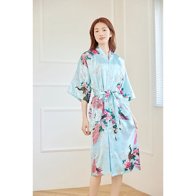 Camisón tipo cárdigan largo de verano para mujer, de seda helada, con estampado de pavo real, tipo kimono, de seda morera fina y mediana