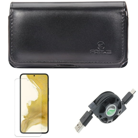 Case Belt Clip & Matte Screen Protector & USB Cable for Samsung Galaxy S22 (6.1") - Leather Swivel & TPU Film Anti-Glare & Retractable Type-C Accessory Bundle