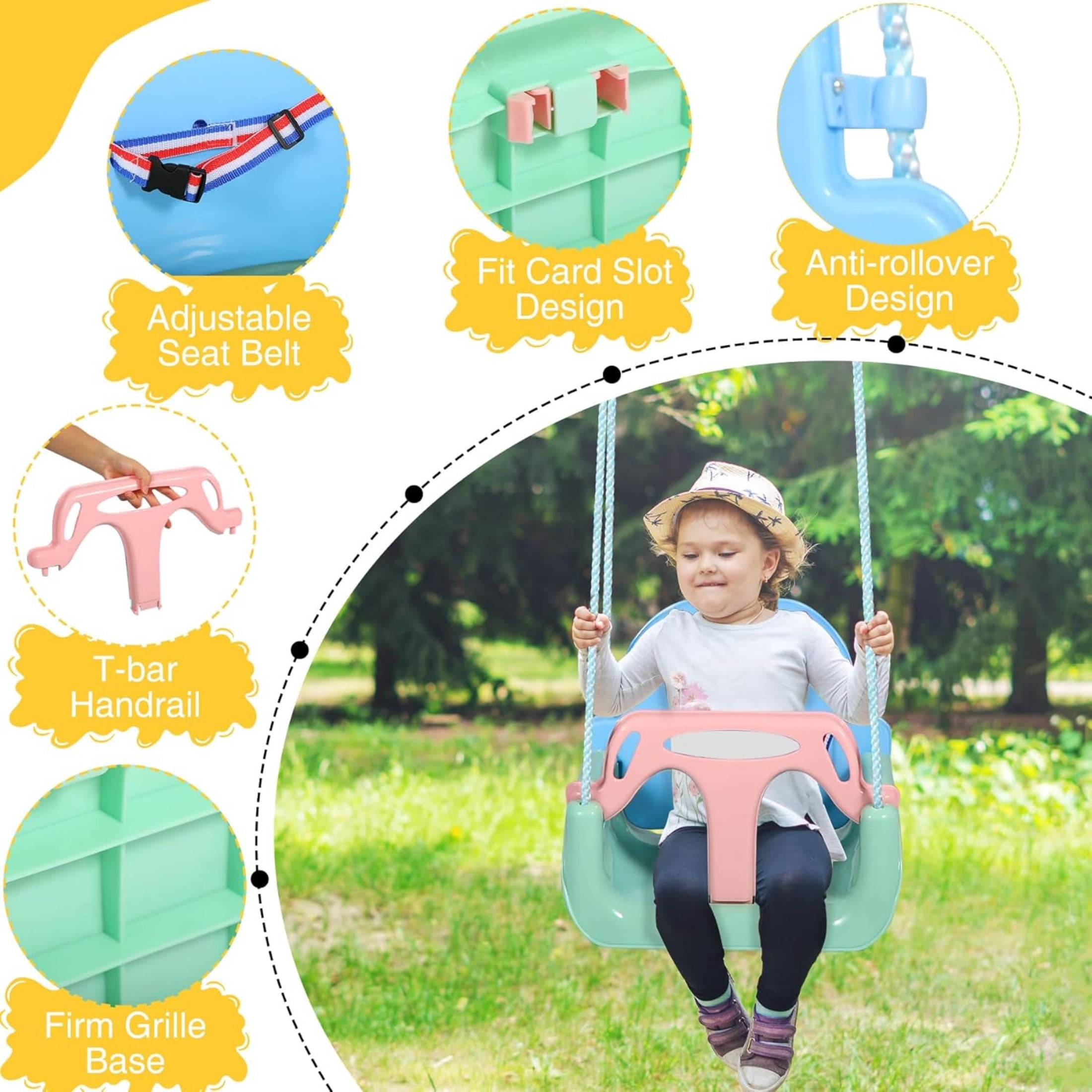 REDCAMP 3 in 1 Toddler Swing for Outside Tree, Sturdy Secure Plastic Outdoor Infants Baby Swings Seat for Swingset Playground Inside, Blue Green Pink