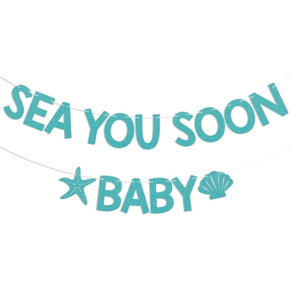 Sea You Soon Baby Banner - Ocean Animals Welcome Boy or Girl Banner, Under The Sea Baby Shower Decorations Blue Glitter