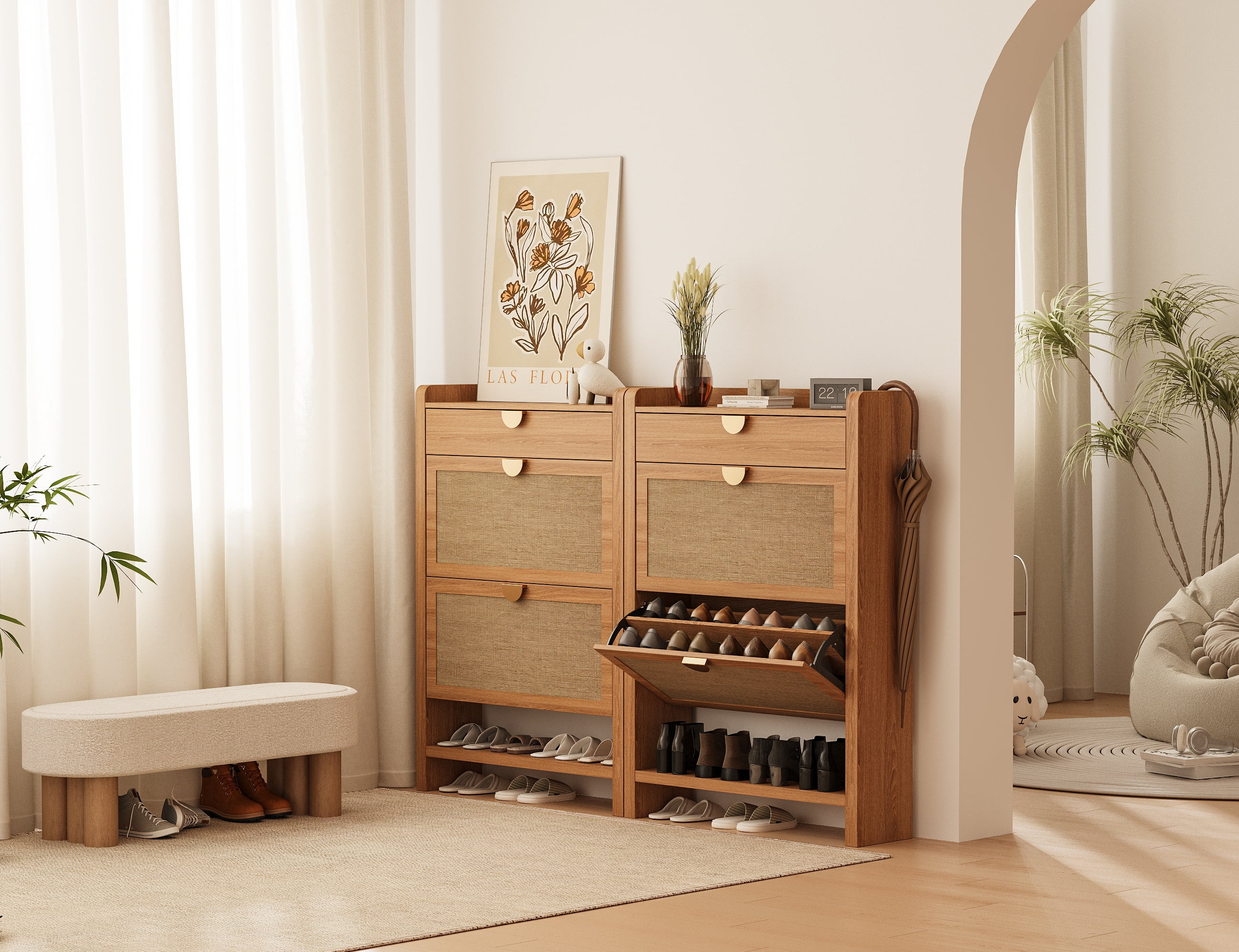 Shoe Cabinet with 2 Flip Drawers, Entryway Storage Organizer, Hidden Shoe Rack Narrow Freestanding Design Natural Oak