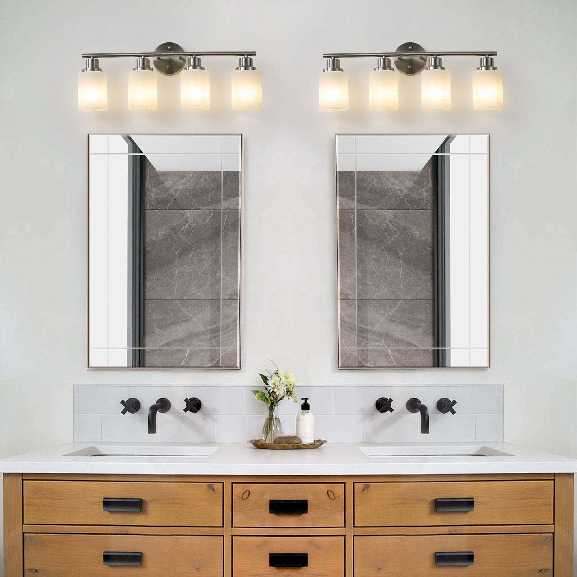 24 Inch Modern 4-Light Vanity Wall Sconce, Brushed Nickel Bathroom Light Fixture with Frosted Glass Shades for Mirror and Hallway, Hardwired (Bulbs Not Included)