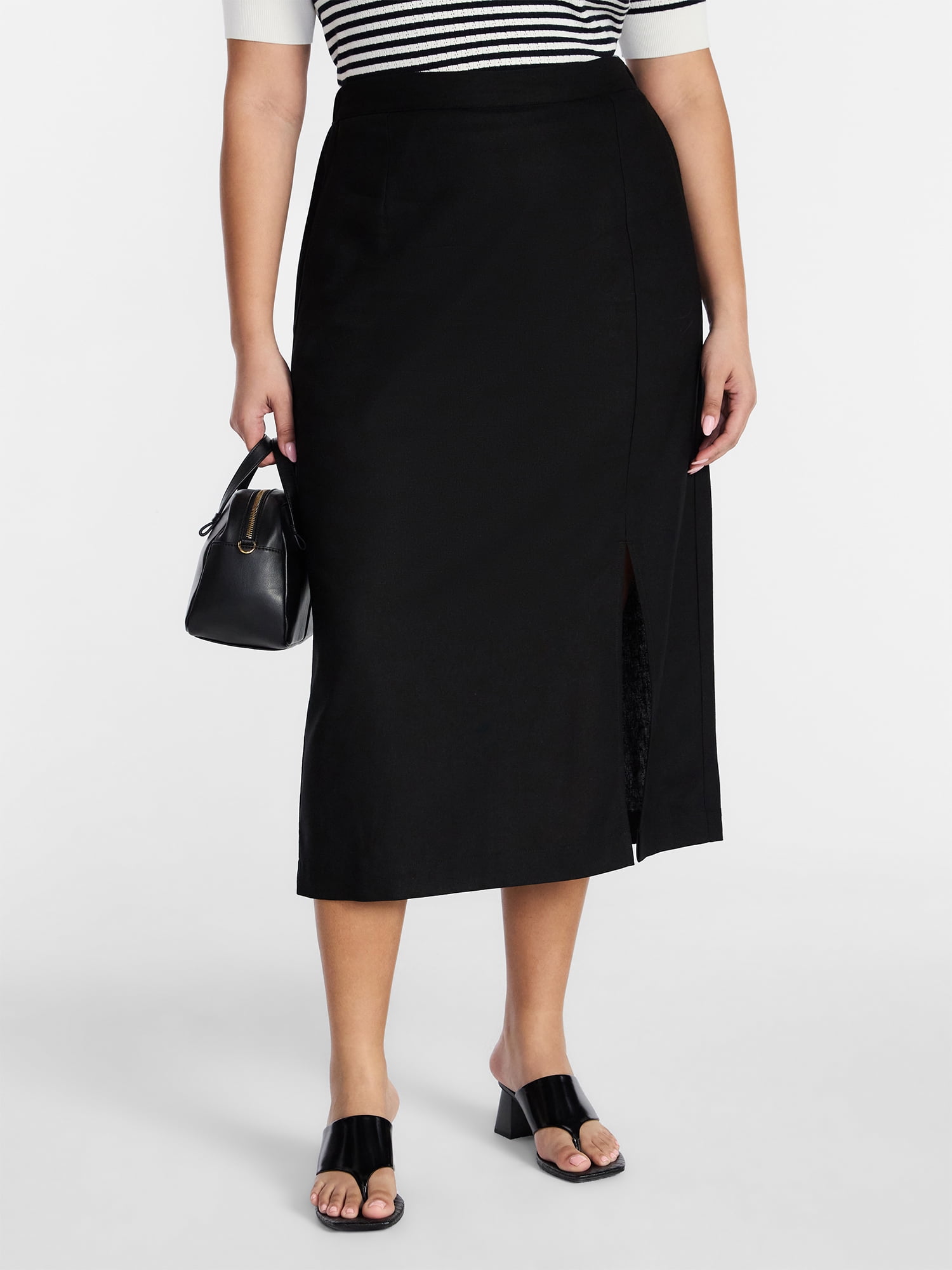 Time and Tru Women's and Women’s Plus Linen Blend Midi Skirt with Side Slit, Sizes XS-XXXL