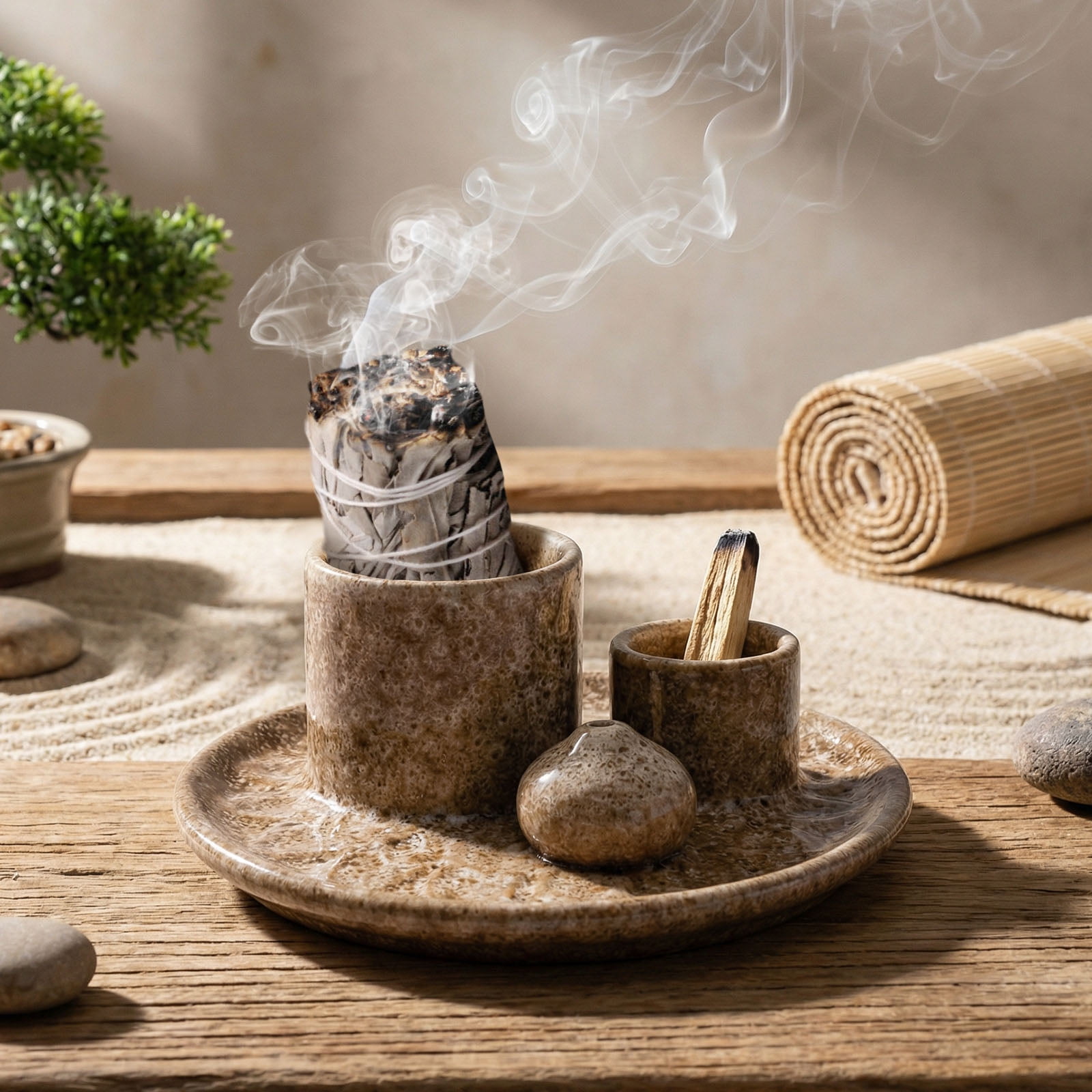 4 In 1 Ceramic Incense Holder Bowl Palo Santo Burner Sage Stick Ash Catcher Tray (white )