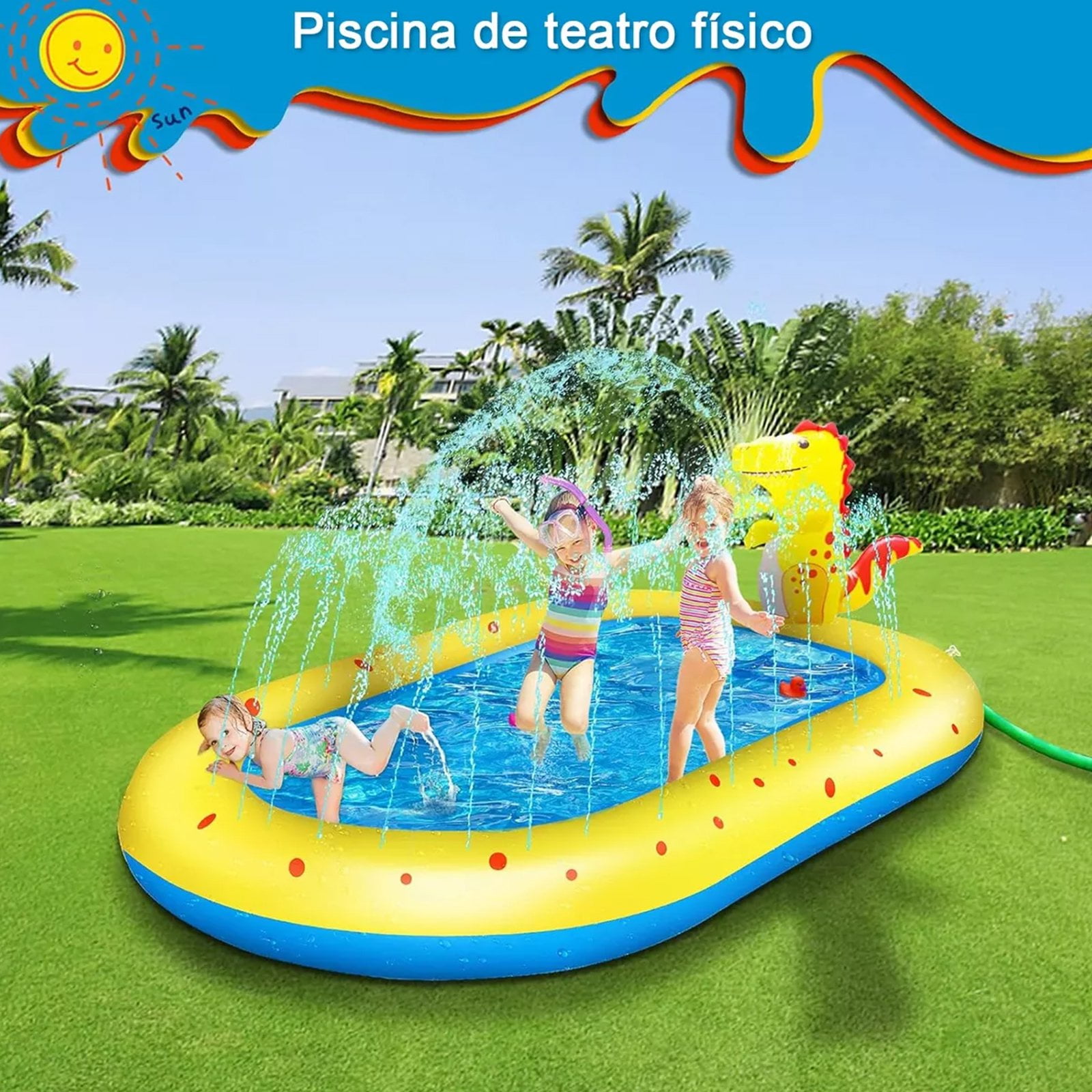 Inflatable Sprinkler Pool , Cute Dinosaur Pool, 3-in-1 Backyard Splash Pad Swimming Outdoor Water