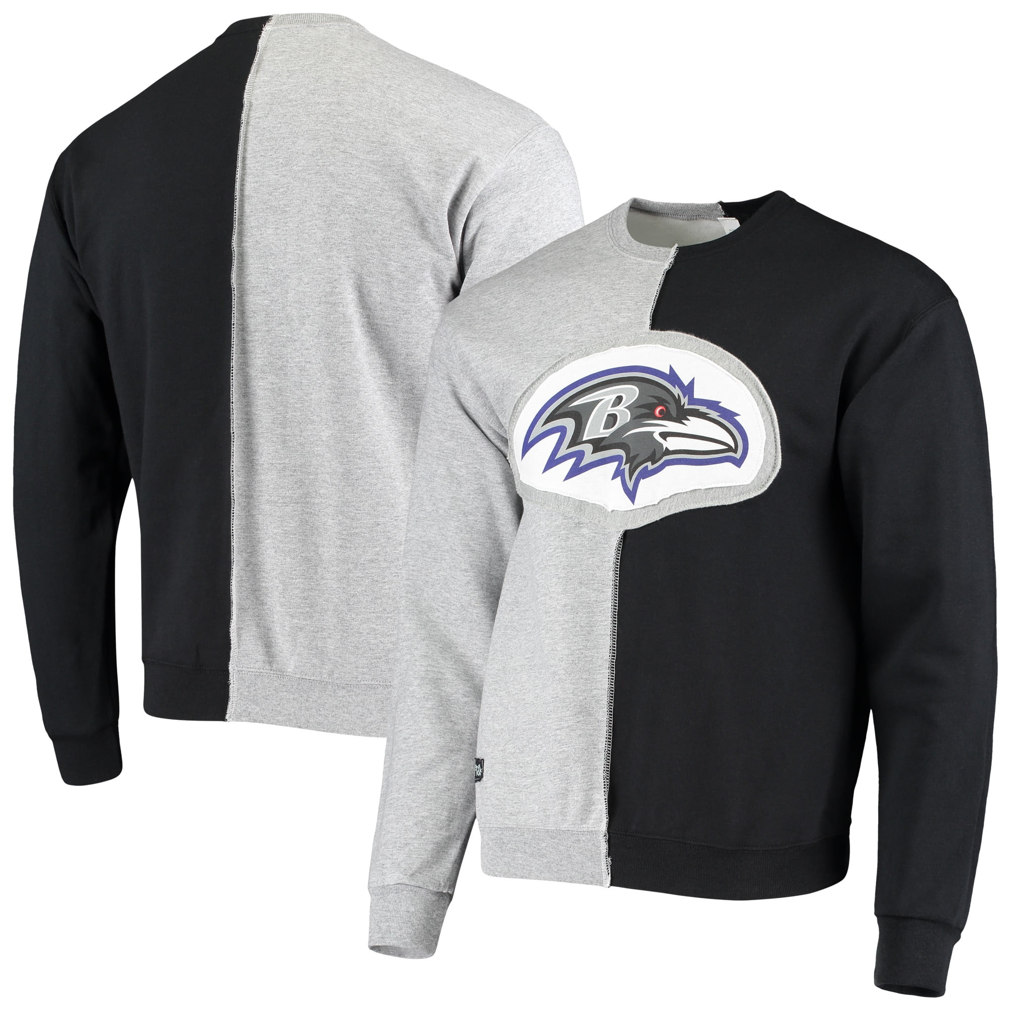 Baltimore Ravens Refried Apparel Split Center Pullover Sweatshirt - Black/Heathered Gray 