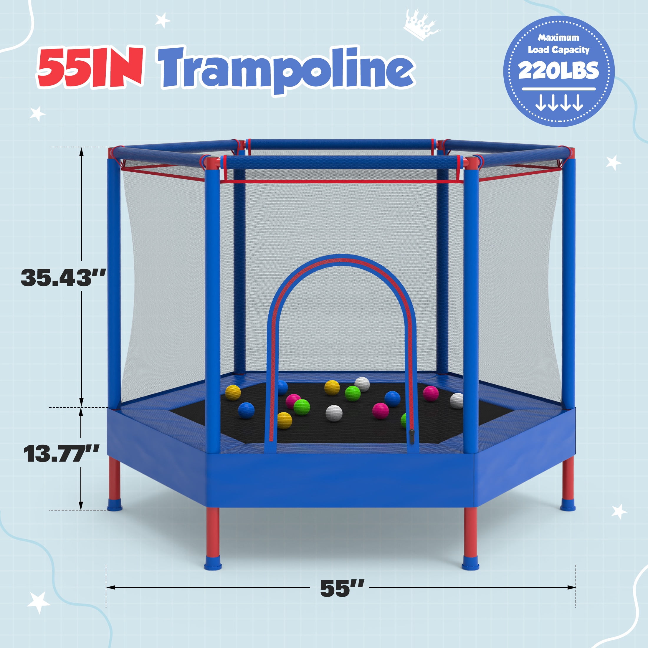 SHINPT 55'' Kids Trampoline with Safety Net, No-Gap Toddler Trampoline Indoor&Outdoor, Mini Trampoline for Kids Ages 3-8, 4.5FT Small Trampoline with Enclosure, Easy Assembly