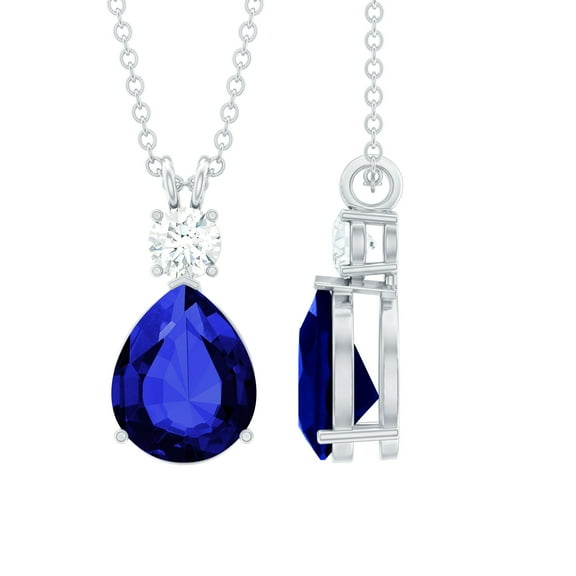 Rosec Jewels Created Blue Sapphire Drop Pendant Necklace with Moissanite (8X10 mm), 925 Sterling Silver