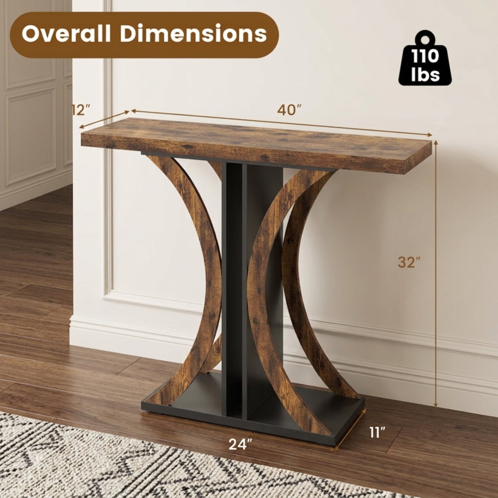 Furnibear 39.5 Inch Console Table Rectangular Entryway Table with Geometric Frame for Living Room Hallway Sofa Small Space, Rustic Brown
