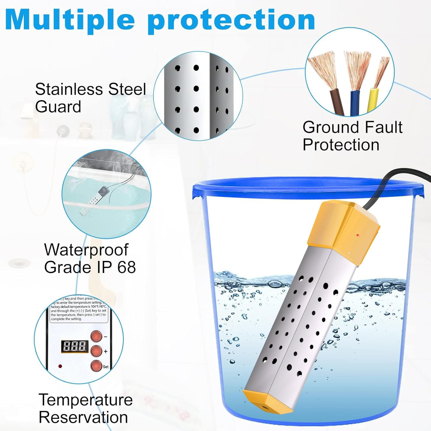 2000w Water Heater for Bathtub,Bucket Heater,Portable Electric Immersion Heater,Stainless Steel Immers Water Heater Bucket (Not auto shut off)