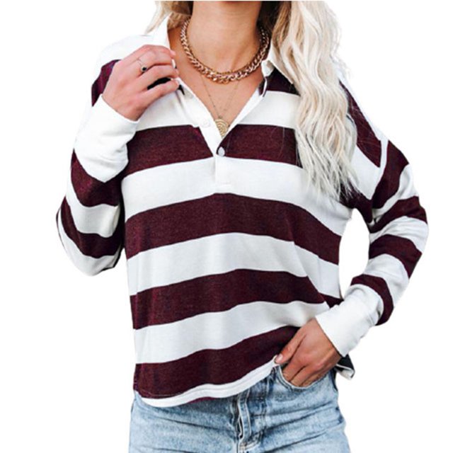 Blusa de manga larga, camiseta de manga larga para mujer, blusa informal de manga larga con estampado de rayas, probada profesionalmente
