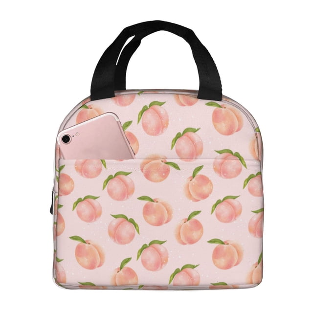 Fotbe Peach With Leaves Bolsa Térmica con Estampado y Forro de Aluminio Grueso Bolsa de Almuerzo con Bolsillo Frontal para Hombres y Mujeres, Ideal para Trabajo, Escuela