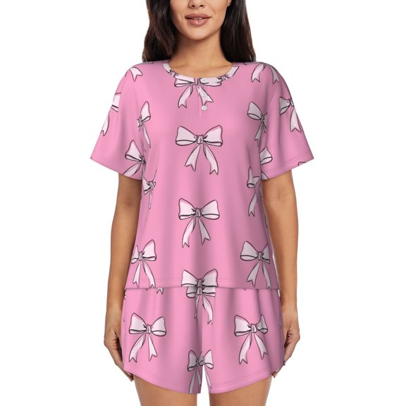 Gukieu Beautiful pink bow Print Women's Short-sleeved Pajama Set, Round Neck Button Top Elastic Shorts 2-piece Set, Summer Home Leisure Clothing-Small