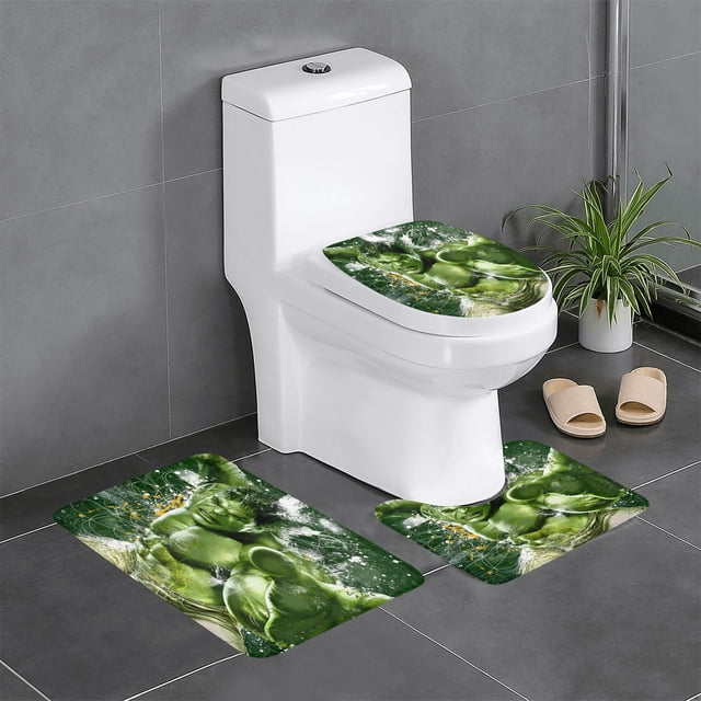 Hulk Juego de 3 alfombras de baño de coral fleece: tapete de baño + alfombra de inodoro en forma de U + funda de tapa de inodoro en forma de O