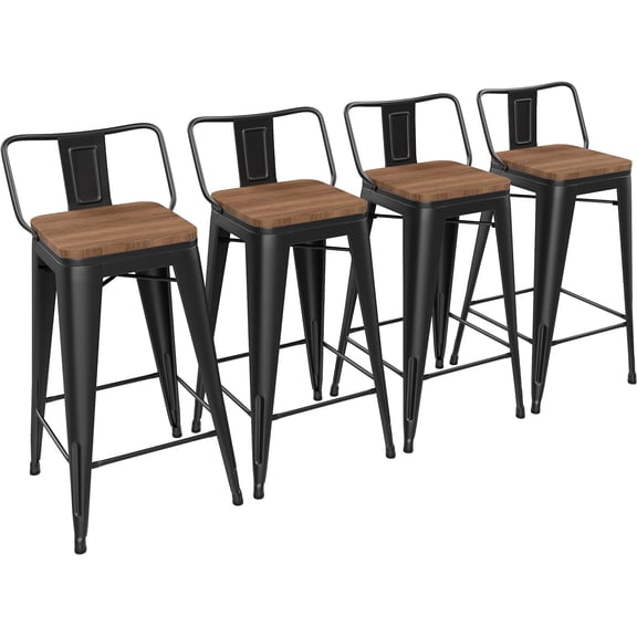 26" Metal Bar Stools Set of 4 Counter Height Barstools with Wood Top Low Back Matte Black