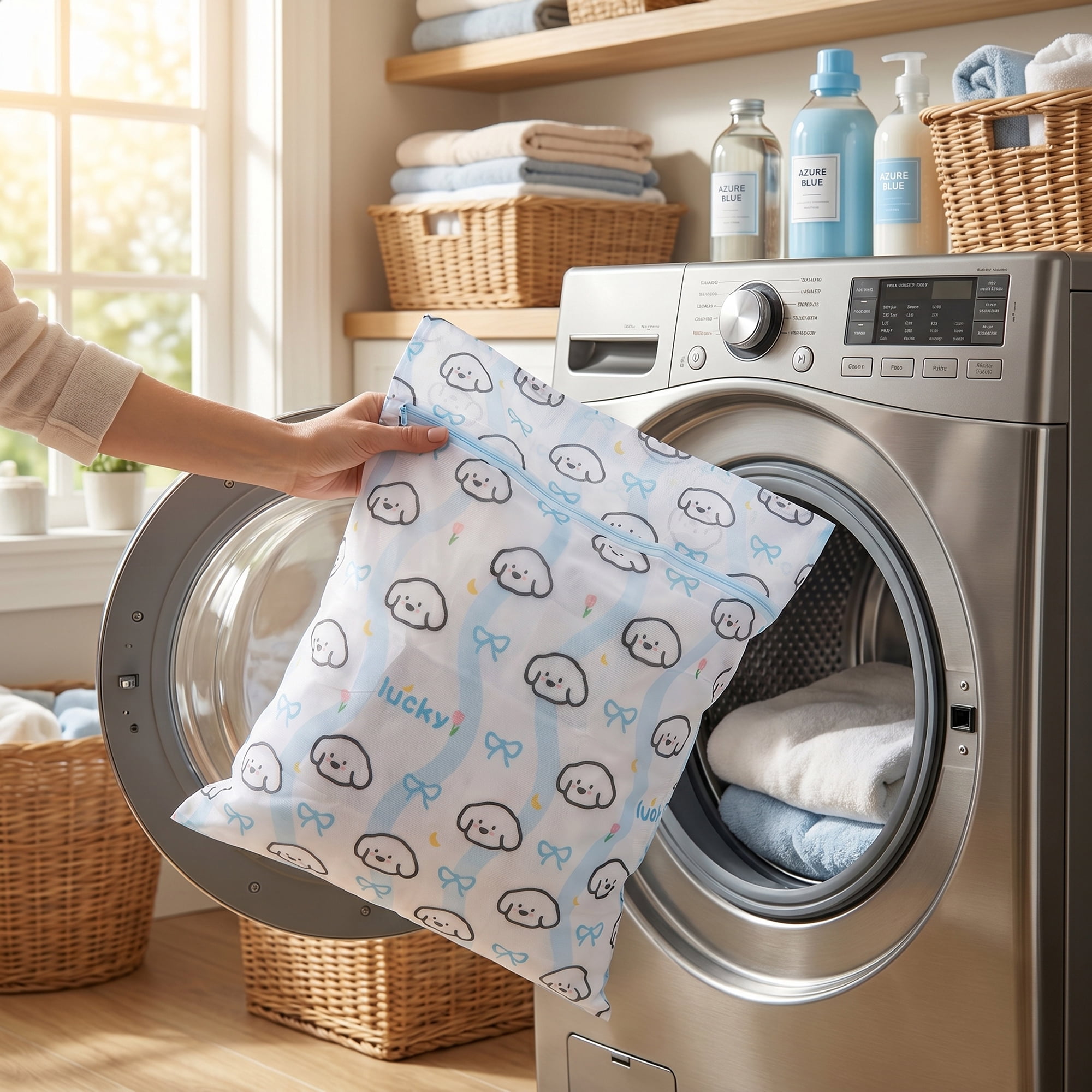 Unique Bargains 2Pcs Durable Mesh Zipper Closure Laundry Bags Blue 19.7" x 23.6"