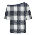 thumbnail image 5 of Htigea Off Shoulder Tops for Women Plaid Short Sleeve Shirt Casual Loose Fit Blouse Summer Tunic Tops for Holiday Party Blue L, 5 of 6