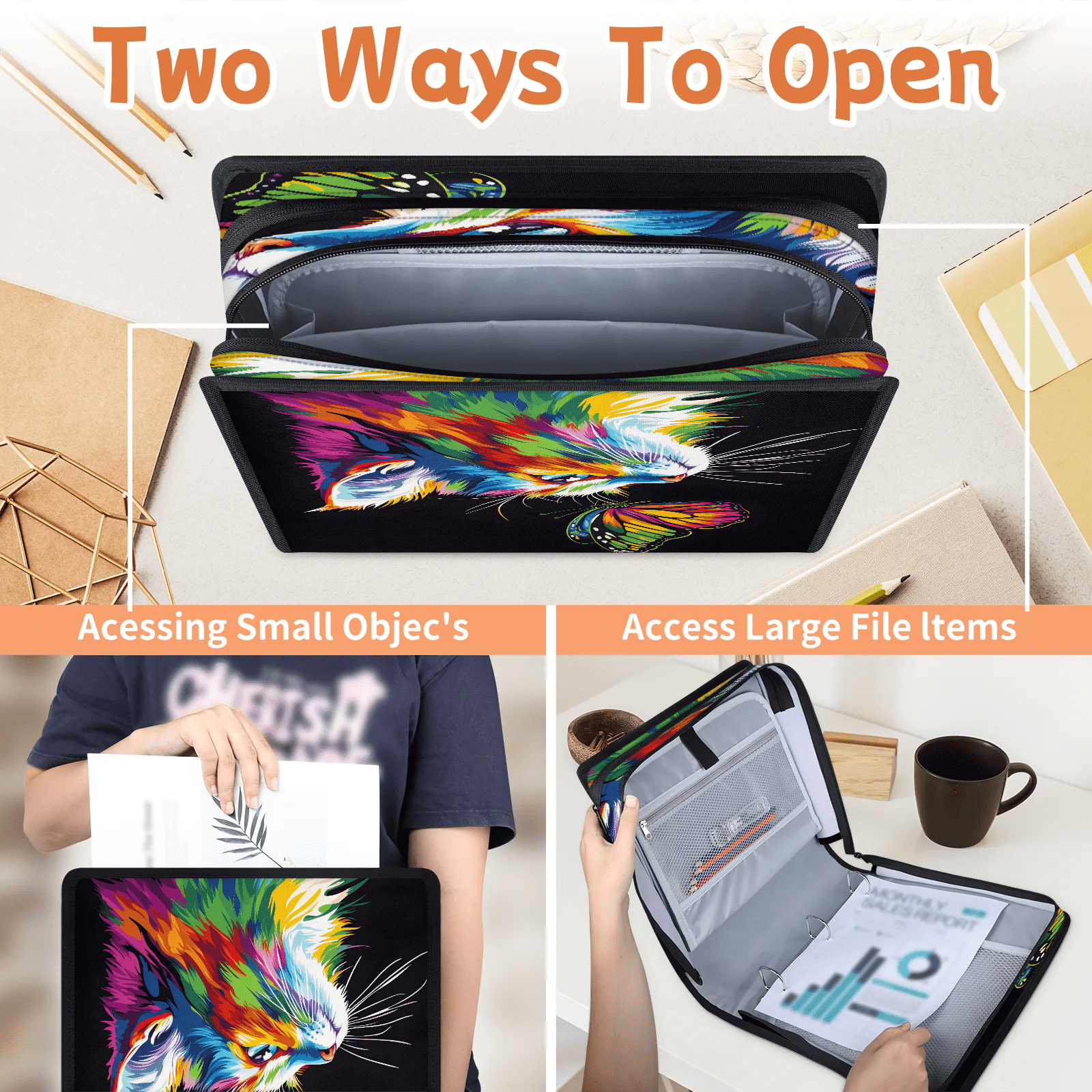 Herdesigns Cat Zipper Binder with Shoulder Strap, Waterproof 1.5 Inch 3 D-Ring Binder Organizer Bag, Fits 13 Inch Laptop for Work, Butterfly