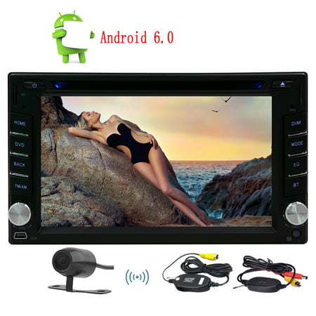 Wireless Camera + 6.2 inch Android 6.0 Car Auto Radio Quad Core Double Din Stereo Head Unit with 800*480 Capacitive Touchscreen Support GPS Navigation Bluetooth Steering Wheel Control AV Output