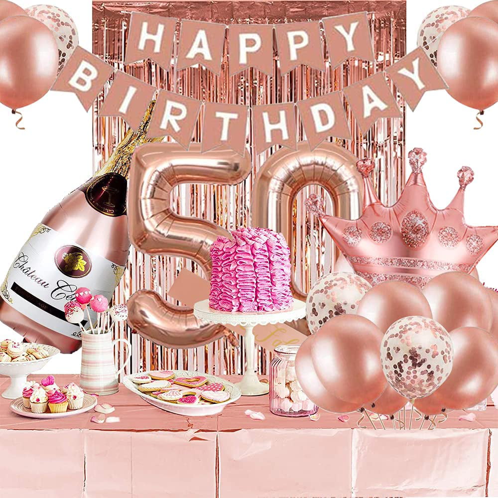 Baocicco 10x6.5ft Happy 50th Birthday Party Supplies Backdrop Pink Rose  Gold Balloons Banner Gift Box Birthday Party Decor for Female Woman Adults