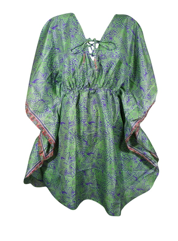 Mogul Womens Short Beach Caftan Green Floral Kaftan M-XL