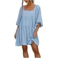 thumbnail image 2 of Xdegoge Babydoll Dress for Women Loose Fit 3/4 Puff Sleeve Square Neck Mini Dresses Tiered Ruffle Sun Dress Solid Color Summer Vacation, 2 of 6