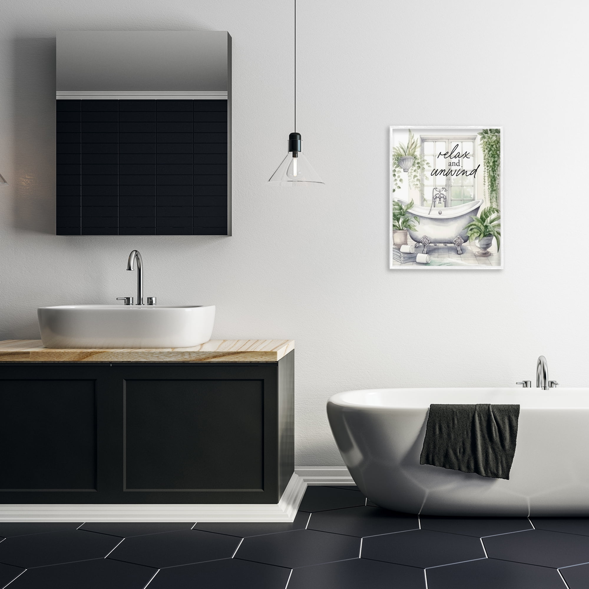 Relax Unwind Bath & Foliage White Framed Giclee Art, design by Lettered and Lined