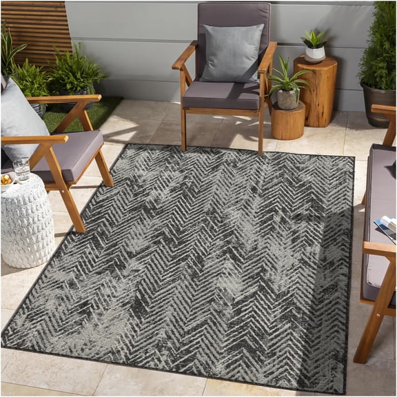 JERFIT 7x10 Indoor Outdoor Rug, Anthracite Polypropylene Flatweave Area Rug for Patio, Deck, Living Room, High Traffic, Water Resistant, Easy Clean