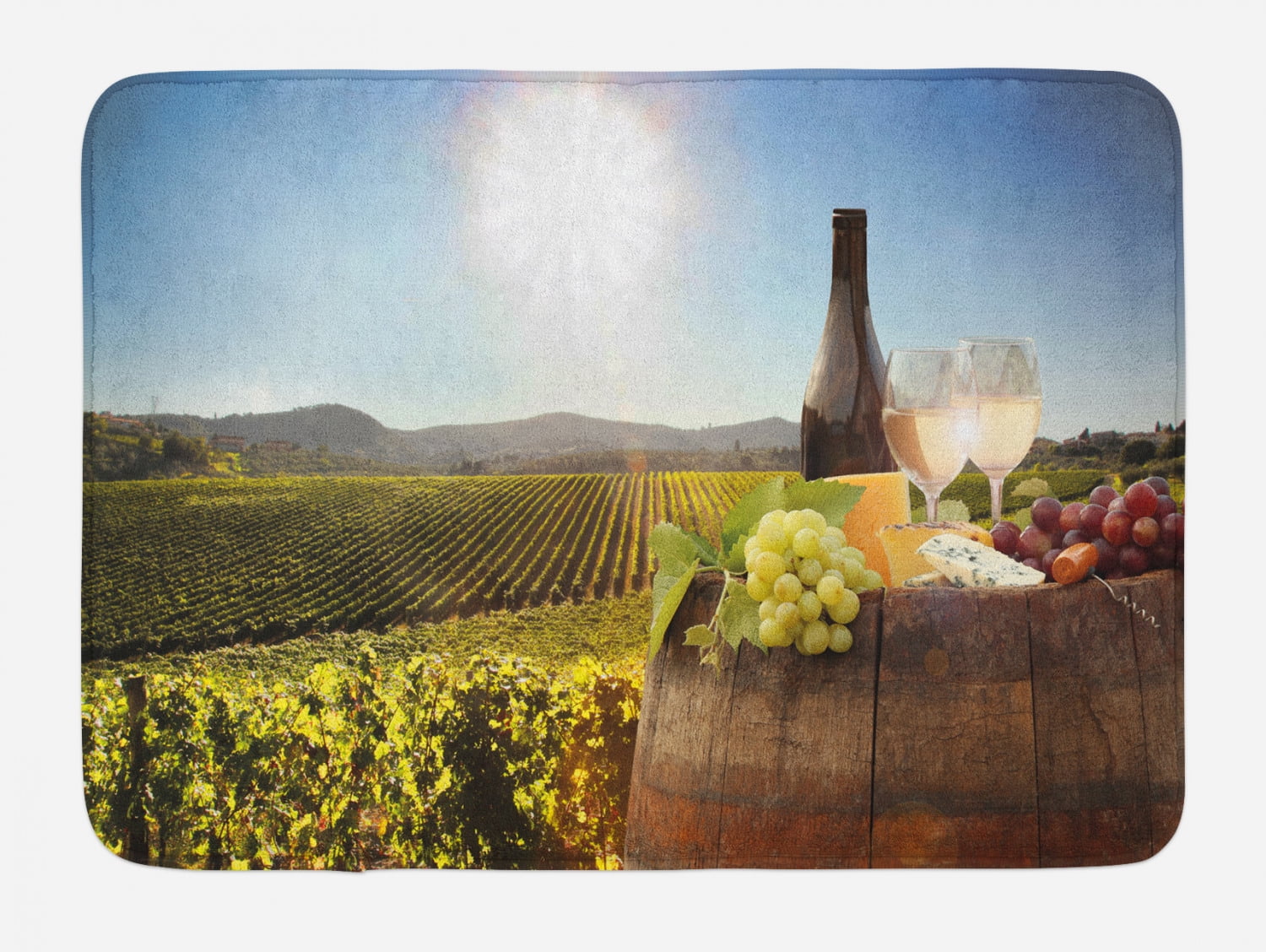 Wine Bath Mat, White Wine with Barrel on Famous Vineyard in Chianti Tuscany Agriculture, Non