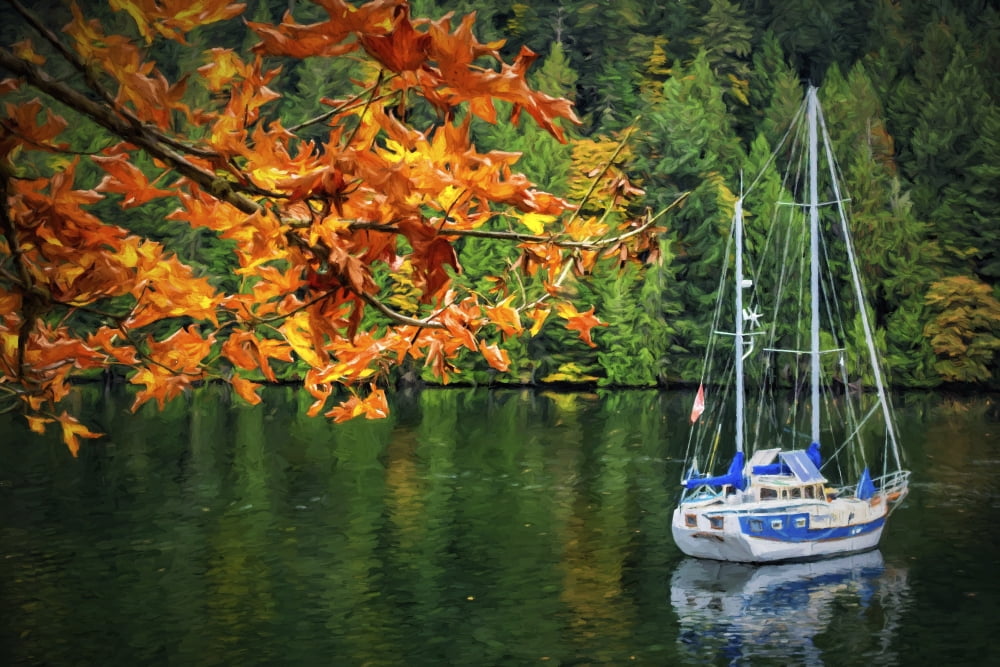 A blue and white sailboat rests at anchor in autumn near Gowlland Tod Provincial Park on the backside of Butchart Gardens near Victoria Vancouver Island British Columbia Canada Canvas Art - Marion Owe