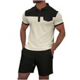 thumbnail image 1 of Pantalones Cortos para Hombre Conjunto de Trajes de 2 Piezas, Moda Mock Bolsillo Botón de Color Sólido Solapa Tops Cortos de Cintura Elástica, 1 of 8