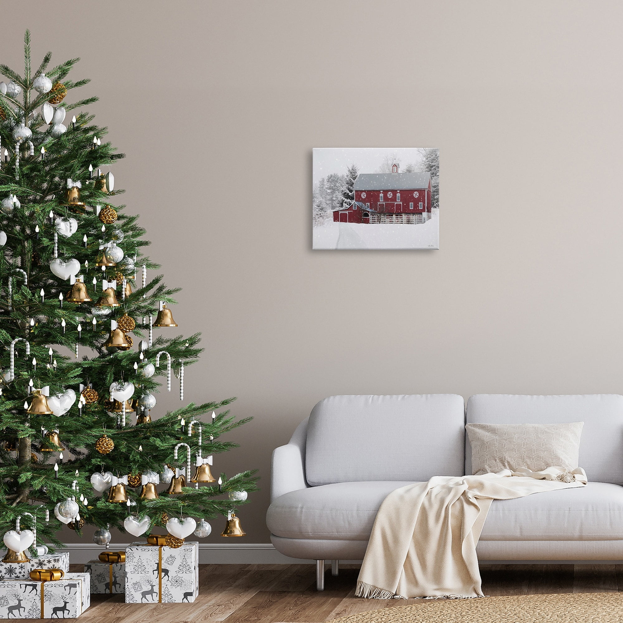 Snow Covered Farmland Red Barn Snowflakes Falling Landscape Painting Gallery-Wrapped Canvas Print Wall Art