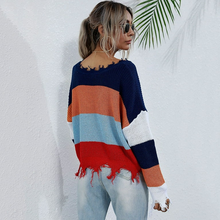Drop shoulder colorblock distressed hem sweater sale