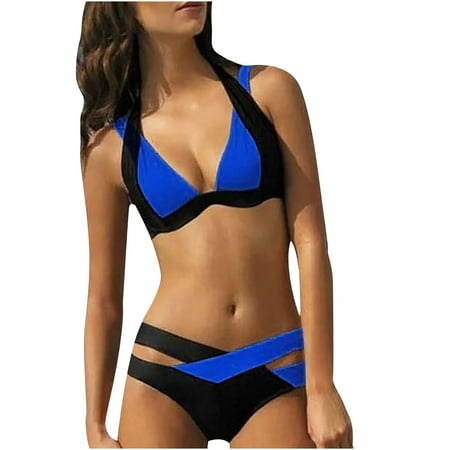 

VKEKIEO Two-Piece Sets Swimsuit Sport Bra Style Lace Blue L