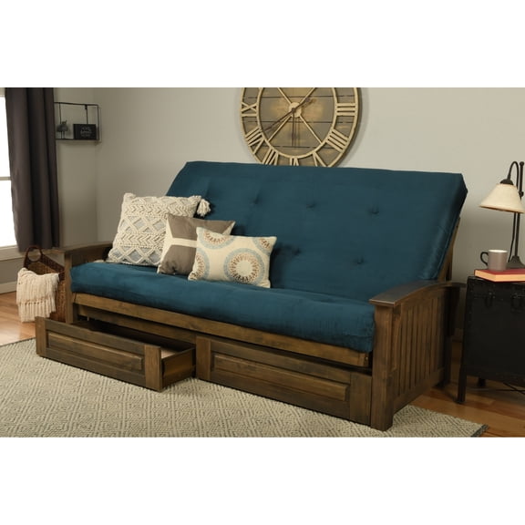 Somette  Washington Queen-size Storage Futon Set in Rustic Walnut with Suede Mattress Suede Blue