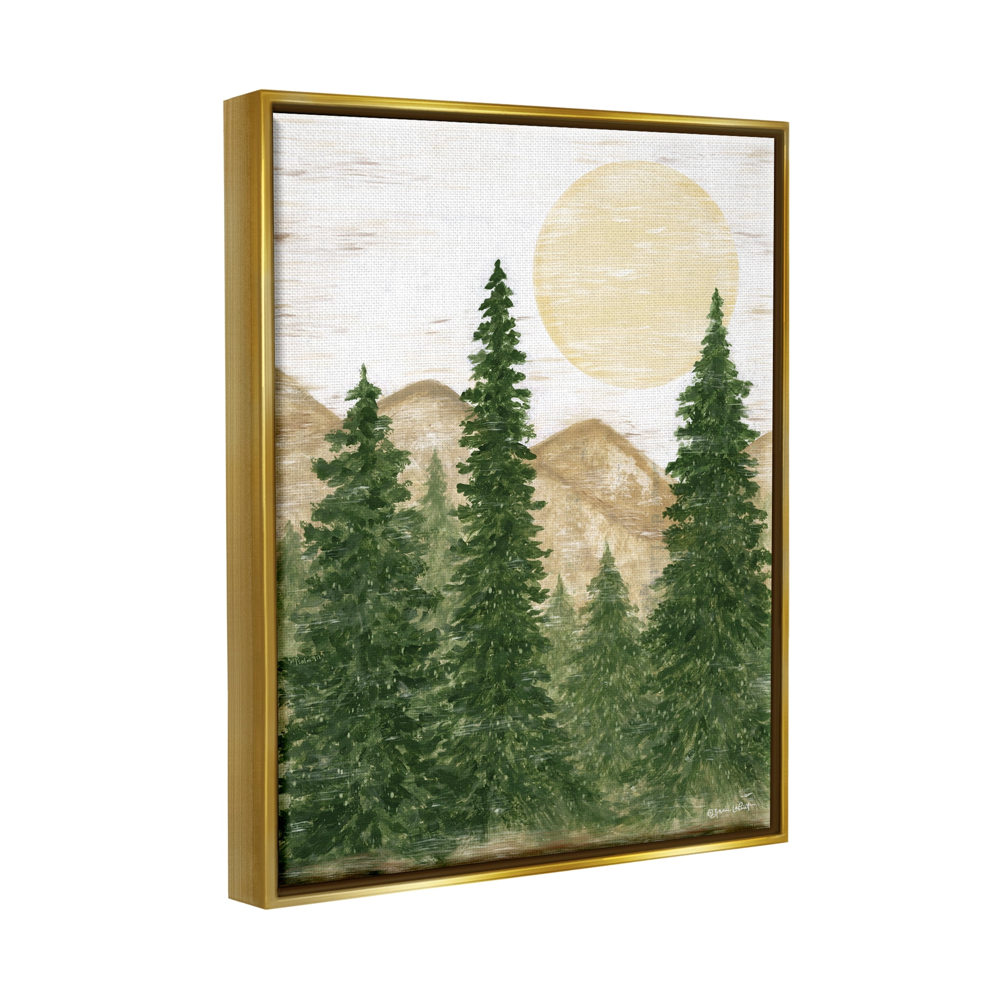 Stupell Rustic Mountain Sun Forest Trees Landscape Painting Gold Floater Framed Art Print Wall Art