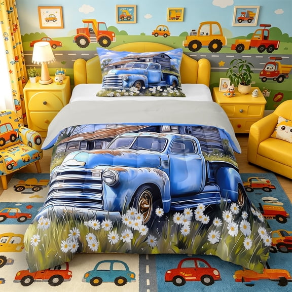 Castle Fairy Watercolor Vintage Pickup Twin Comforter Sets 3-Piece for Kids, Farm Barn Daisy Bedding Set for Bedroom, Soft Blue,Grey Reversible