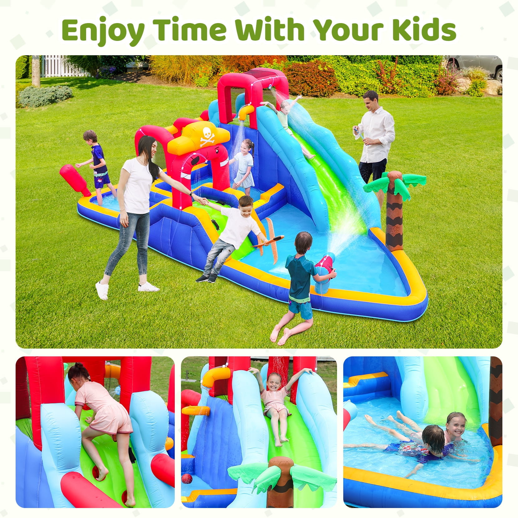 Neche Inflatable Water Slide Bouncy House with Blower, 222 x 135 x 82 inches, 11-in-1 Extra Long Water Slide with Splash Pool for Kids Backyard Outdoor