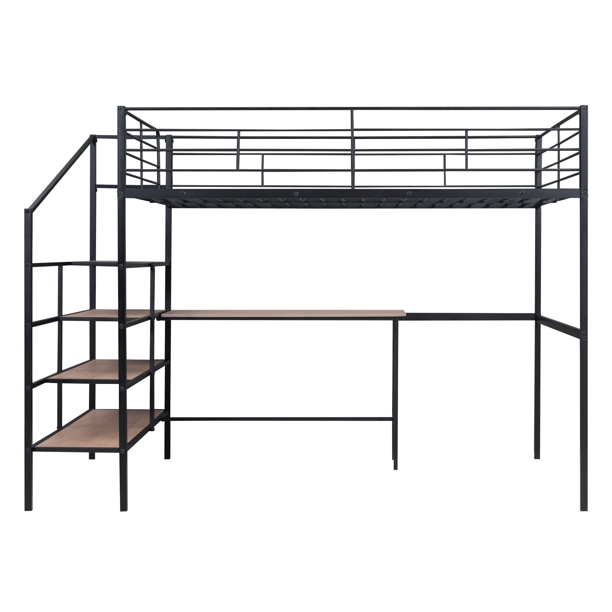 Full Size Loft Bed with Desk and Lateral Storage Ladder,Metal Loft Bed for Kids,Black
