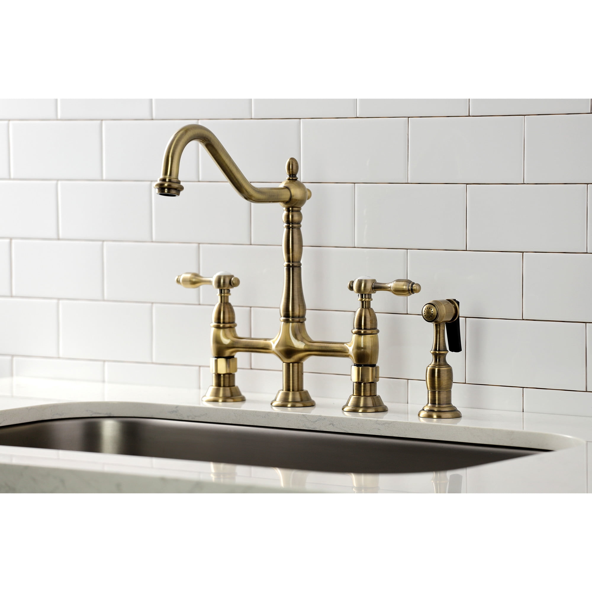 Kingston Brass KS1273TALBS Tudor Bridge Kitchen Faucet with Brass Side Sprayer, Antique Brass