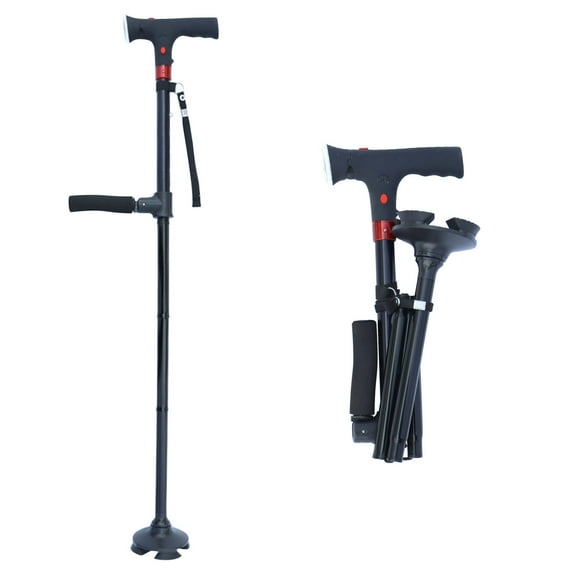 EGNMCR Alarme en Alliage d'Aluminium avec Poignée Aide à la Marche pour Aînés Rétractable et Pliable Rotative avec Lumière DEL Canne à Quatre Pieds une Canne