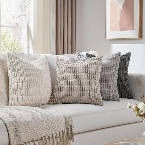 Set of 4 Corduroy Decorative Throw Pillow Covers Grey Series Soft Boho Striped Pillow Covers for Sofa Living Room 18x18 Inch